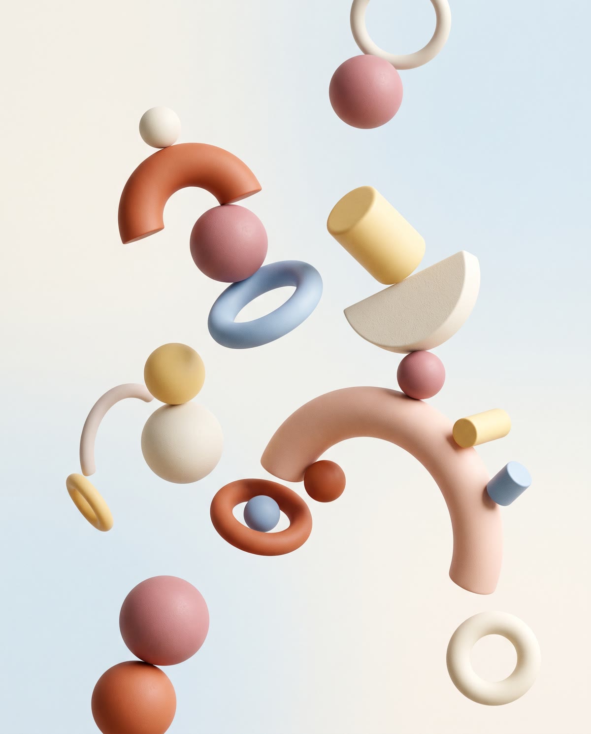 Pastellfarbene geometrische Formen balancieren und purzeln wie Spielzeug durch die Luft.