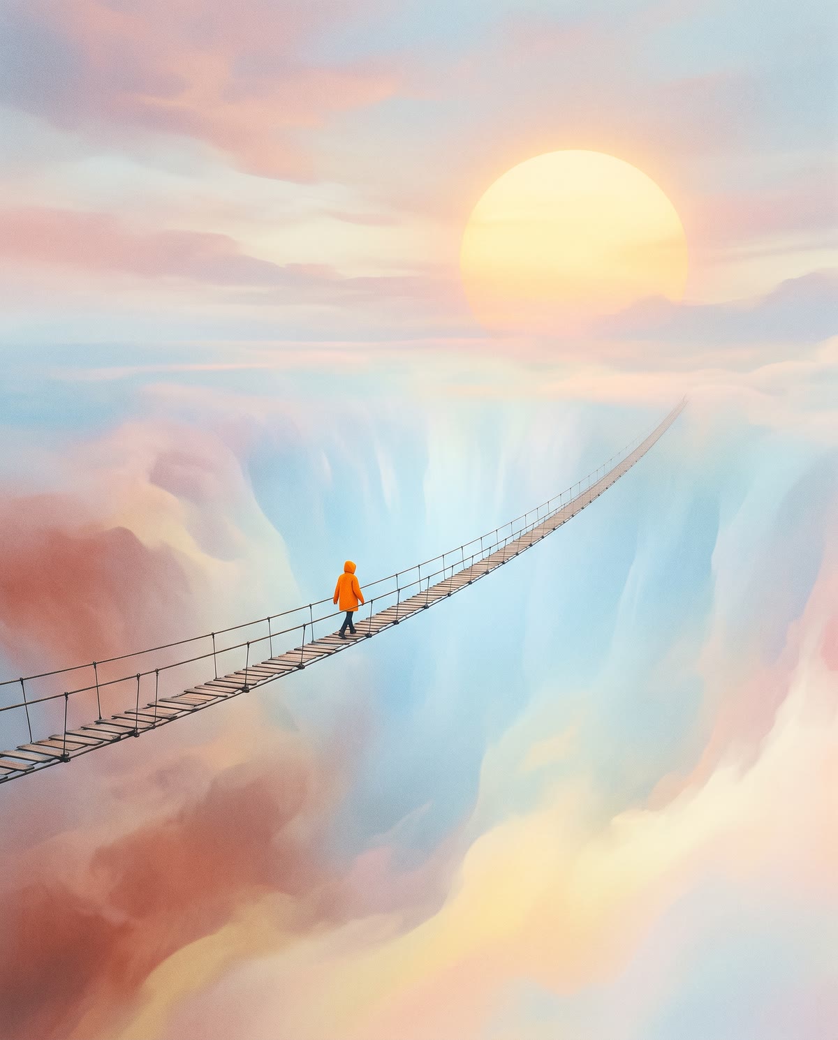 Eine winzige Figur in orangem Mantel geht auf einer schmalen Brücke auf eine leuchtende Sonne zu.